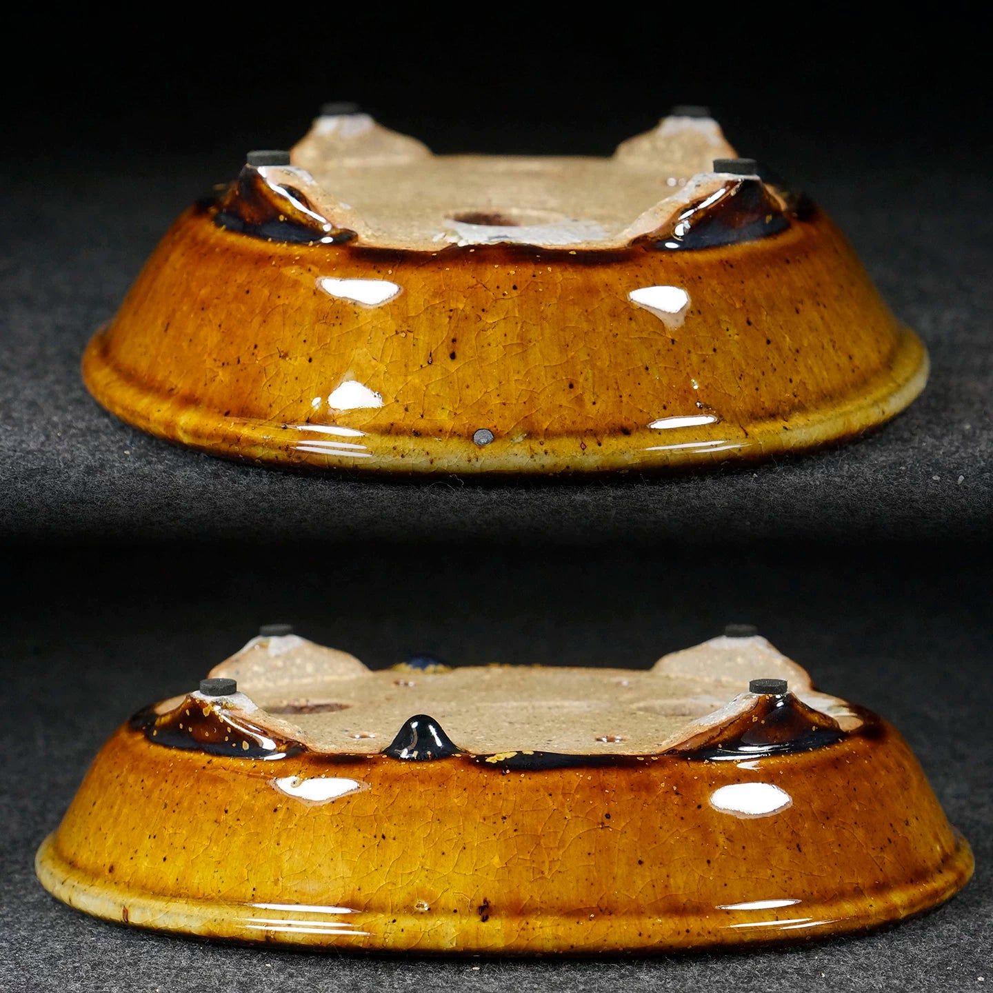 7.9 inch (20.2cm) Oval Orange Multi-Tone Cracked Glaze Shallow Bonsai Pot Upside Down View
