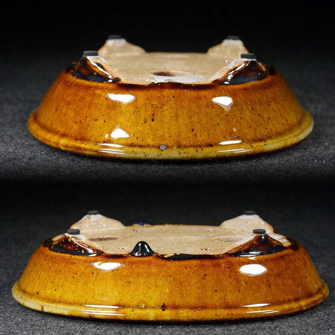 7.9 inch (20.2cm) Oval Orange Multi-Tone Cracked Glaze Shallow Bonsai Pot Upside Down View