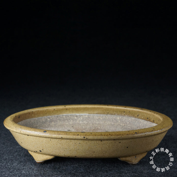 7.9 inch (20.2cm) Oval Yellow Jun Glaze Oval Shallow Bonsai Pot with Dark Speckles