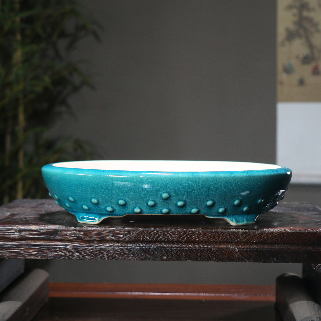 11.4" (29cm) Oval Shallow Cracked Glaze Studded Bonsai Pots Handmade Peacock Blue Color