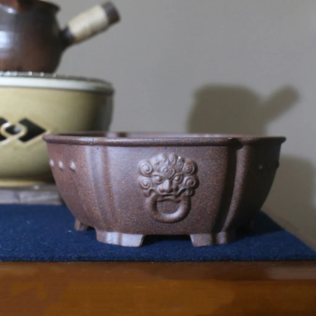 7" (18cm) Round Rustic Handmade Studded Bonsai Pot w Head Motif