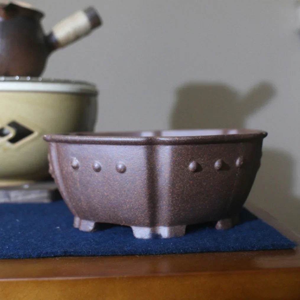 7" (18cm) Round Rustic Handmade Studded Bonsai Pot w Head Motif Back View