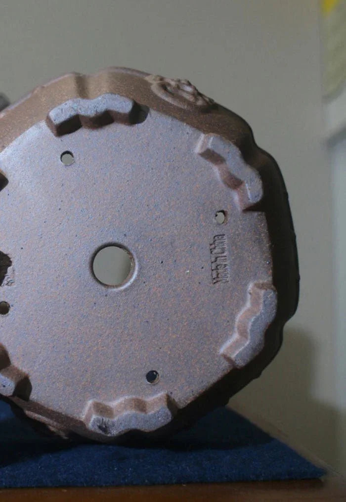 7" (18cm) Round Rustic Handmade Studded Bonsai Pot w Head Motif Bottom View