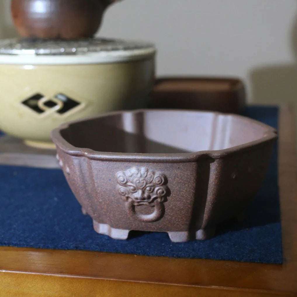 7" (18cm) Round Rustic Handmade Studded Bonsai Pot w Head Motif Top View