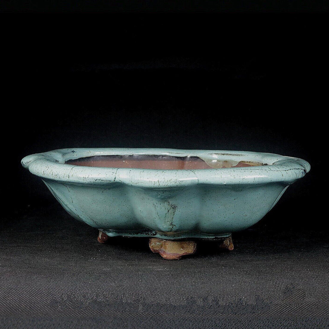 8.6" (22cm) Flared Scalloped Lotus-Shaped Green Glazed Shallow Bonsai Pot