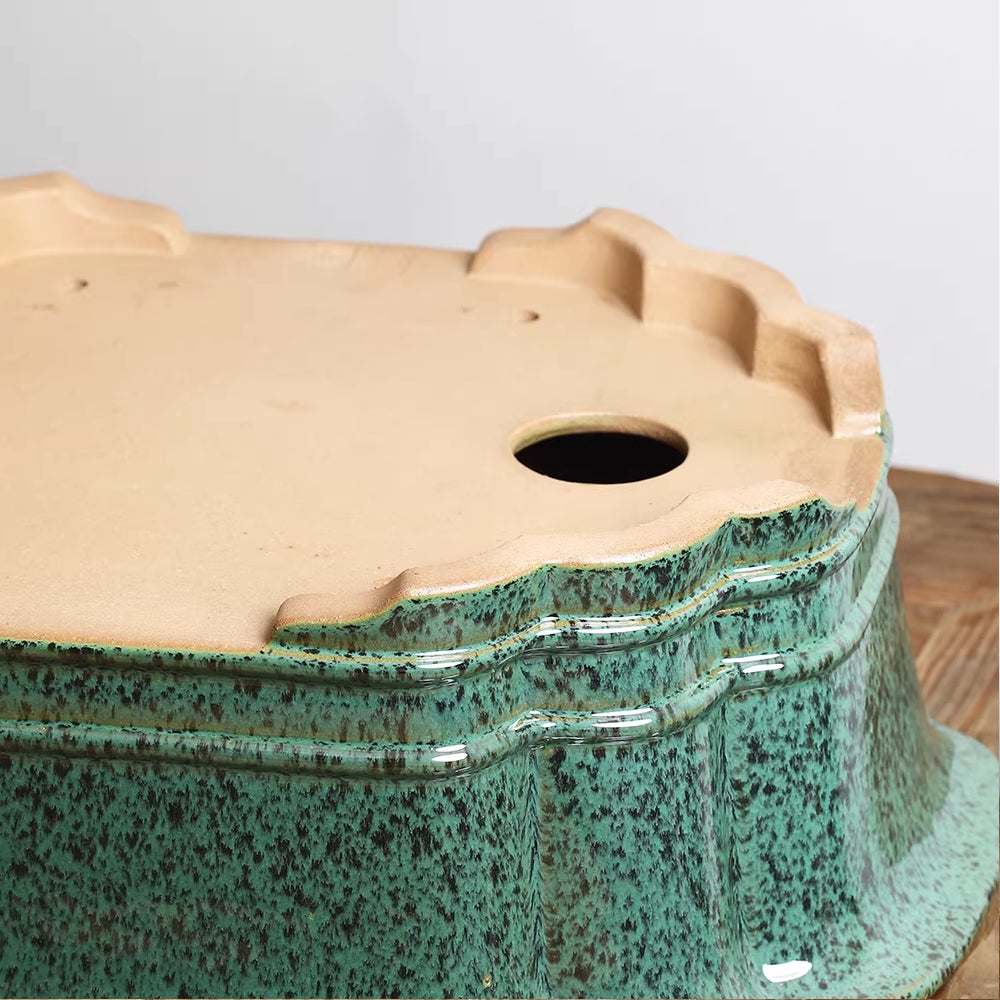 14.7" (37.5cm) Large Scalloped Oval High-Temp Green Glazed Bonsai Pot