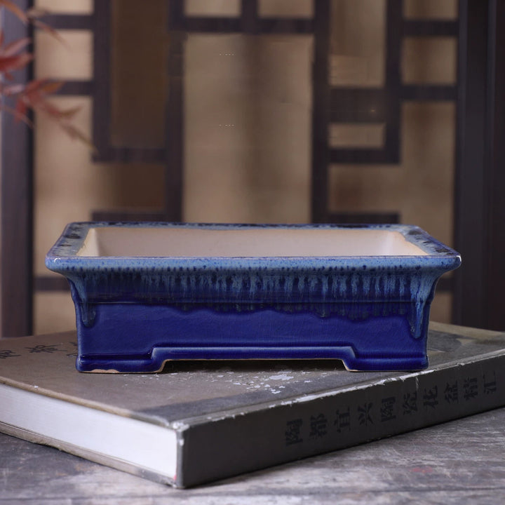 7 Inch (12.5cm) Medium Rectangular Handmade Glazed Deep Blue-White Dual Tone Bonsai Pot