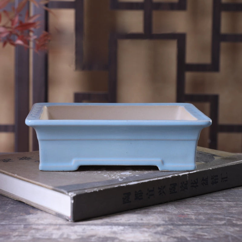 7 Inch (12.5cm) Medium Rectangular Handmade Glazed Sky Blue-White Dual Tone Bonsai Pot