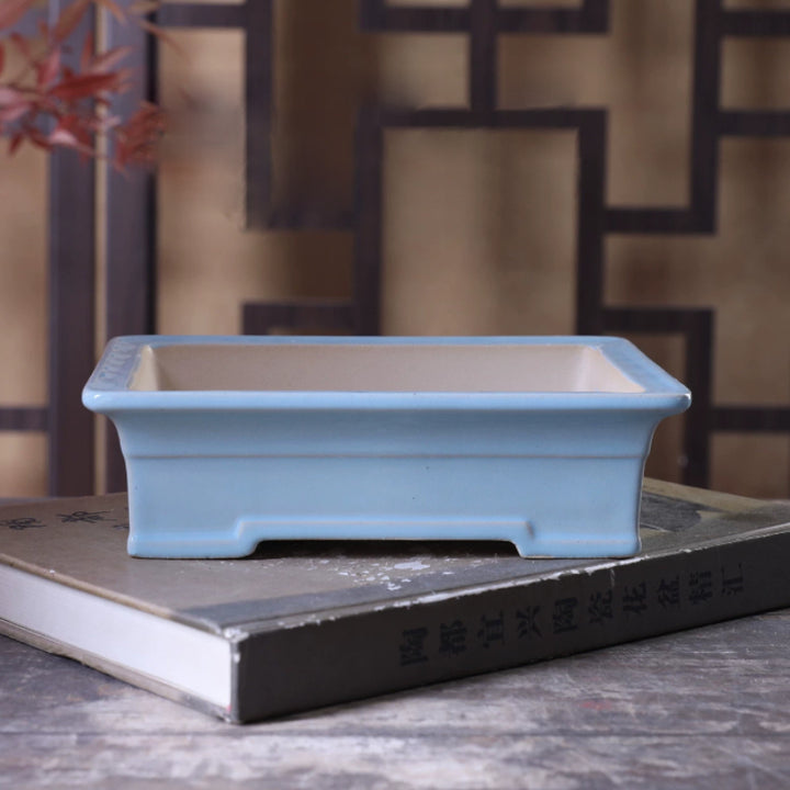 7 Inch (12.5cm) Medium Rectangular Handmade Glazed Sky Blue-White Dual Tone Bonsai Pot