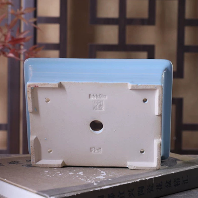 7 Inch (12.5cm) Medium Rectangular Handmade Glazed Sky Blue-White Dual Tone Bonsai Pot Bottom View