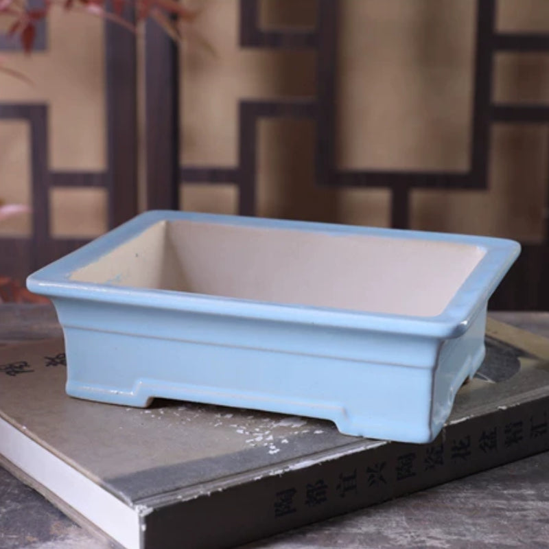7 Inch (12.5cm) Medium Rectangular Handmade Glazed Sky Blue-White Dual Tone Bonsai Pot Corner View