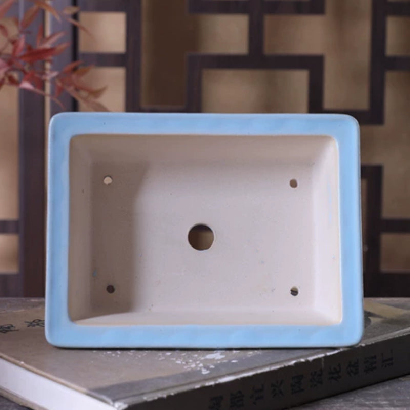 7 Inch (12.5cm) Medium Rectangular Handmade Glazed Sky Blue-White Dual Tone Bonsai Pot Inner View
