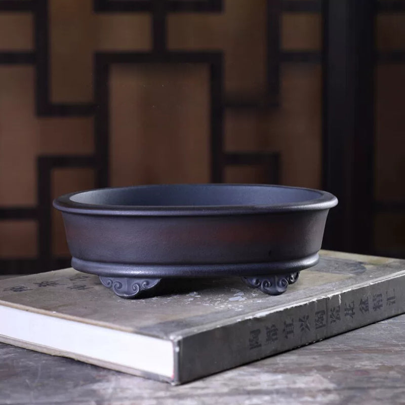7 inch (18 cm) Mid-Sized Oval Antique-Style Unglazed Raised Cloud Feet Bonsai Pot