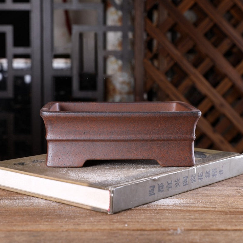 7 Inch (18cm) Concave Rectangular Wood-Fired Unglazed Bonsai Pot w Raised Mid-Body Band