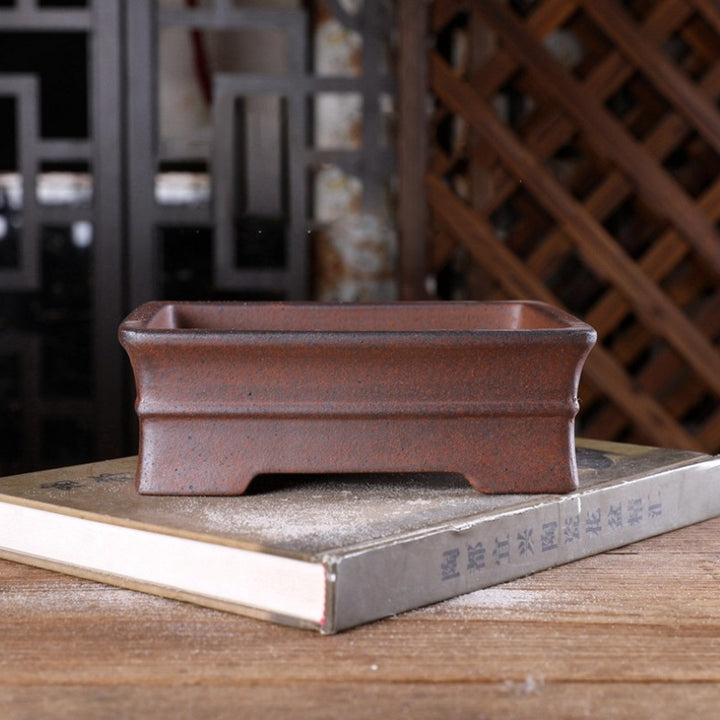7 Inch (18cm) Concave Rectangular Wood-Fired Unglazed Bonsai Pot w Raised Mid-Body Band