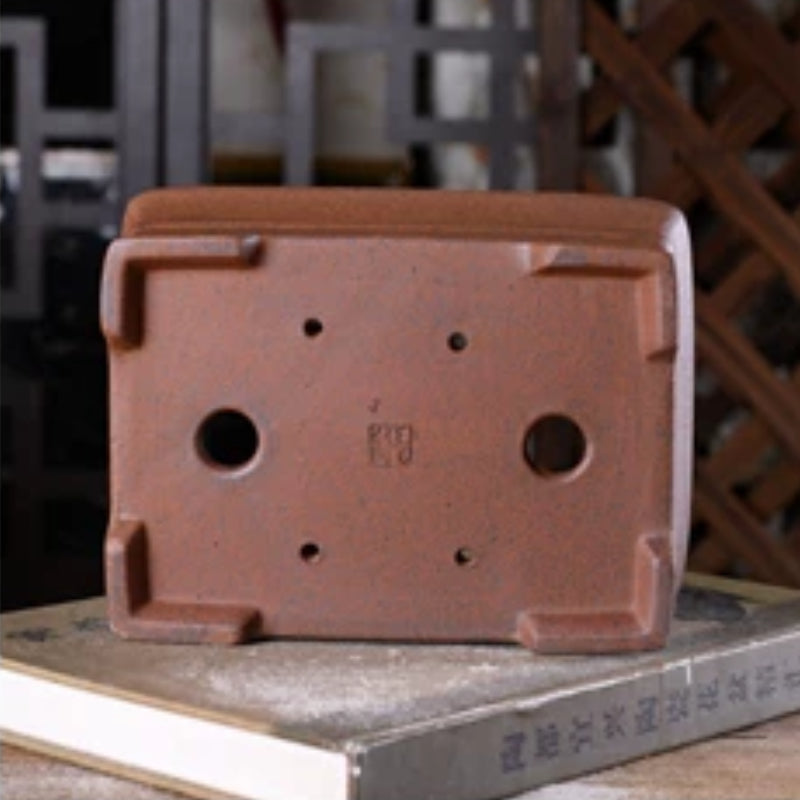 7 Inch (18cm) Concave Rectangular Wood-Fired Unglazed Bonsai Pot w Raised Mid-Body Band Bottom View