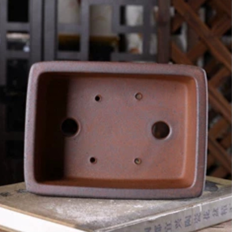 7 Inch (18cm) Concave Rectangular Wood-Fired Unglazed Bonsai Pot w Raised Mid-Body Band Inner View