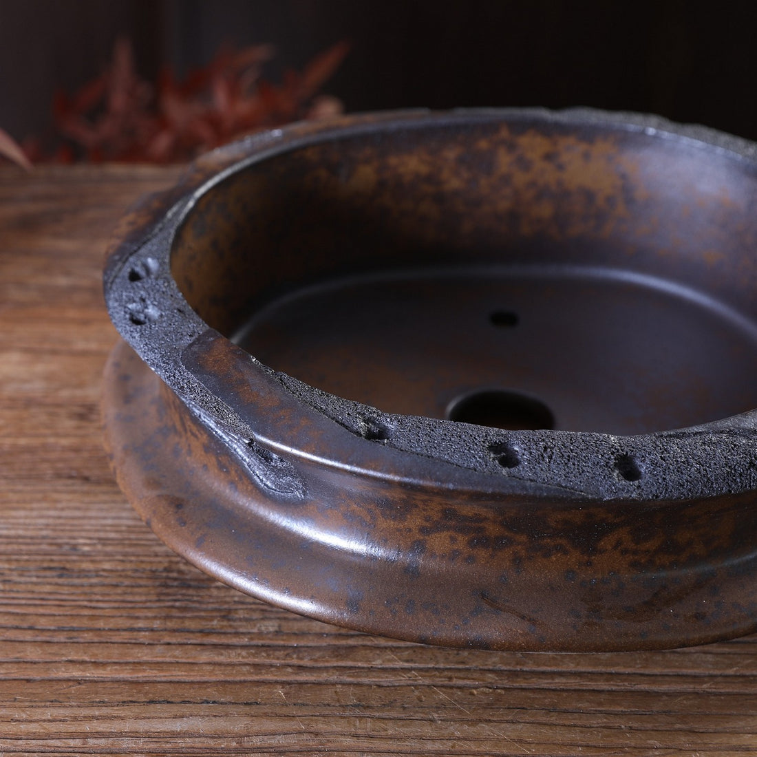 10.2" (26cm) Vaso bonsai ovale grande, cotto a legna, con finitura puntinata, non smaltato e con texture simile all'erosione