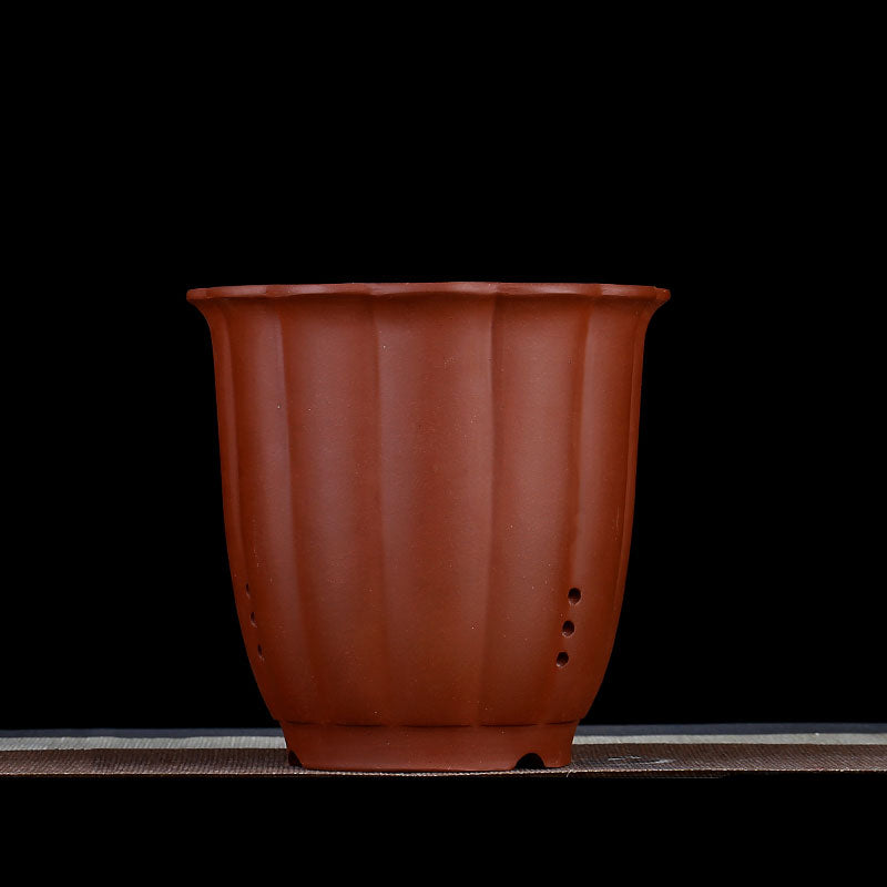 7 inch (18cm) Deep Round Fluted Unglazed Cascade/Semi Cascade Bonsai Pot Reddish Brown Color