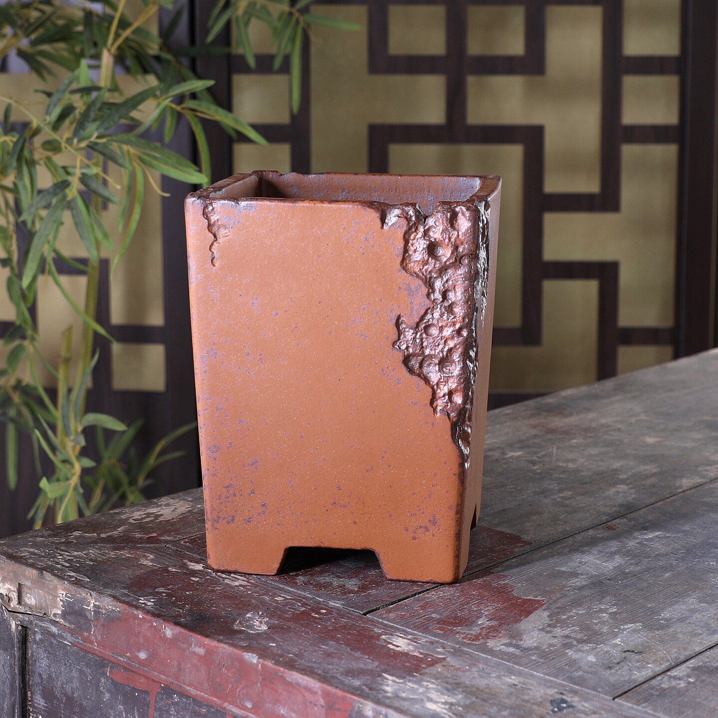 7 inch (18cm) Deep Square Speckled Finish Cascade Bonsai Pot w Eroded Stone-Like Texture