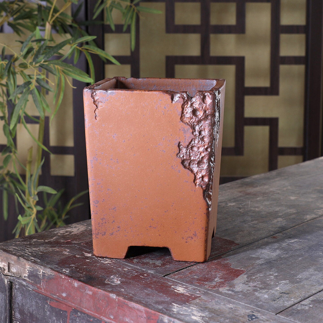 7 inch (18cm) Deep Square Speckled Finish Cascade Bonsai Pot w Eroded Stone-Like Texture