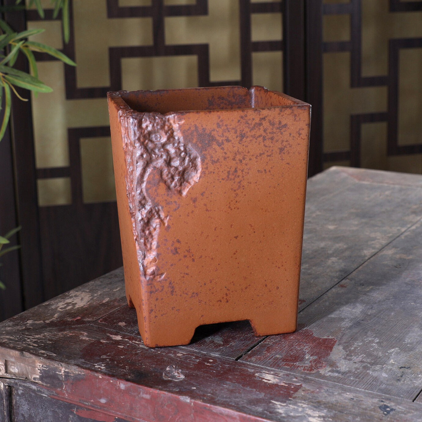 7 inch (18cm) Deep Square Speckled Finish Cascade Bonsai Pot w Eroded Stone-Like Texture Side View