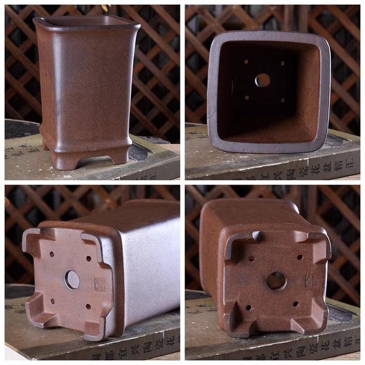 7 inch (18cm) Deep Square Speckled Finish Ceramic Tall Cascade Bonsai Pot Multi-Angle View