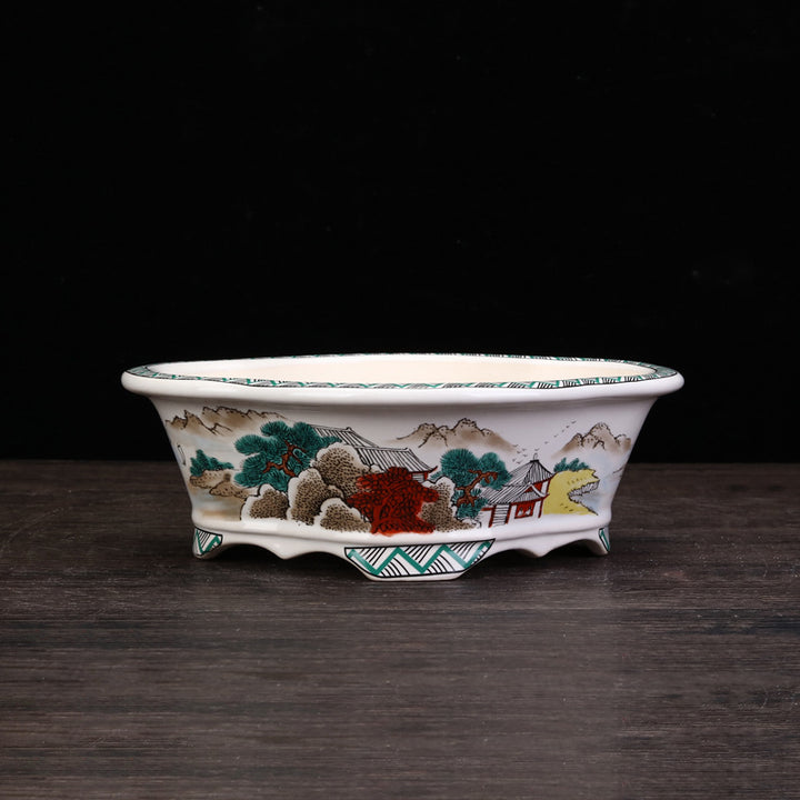 7 inch (18cm) Medium Lotus Shaped Unique Landscape Art Ceramic Shallow Bonsai Pot