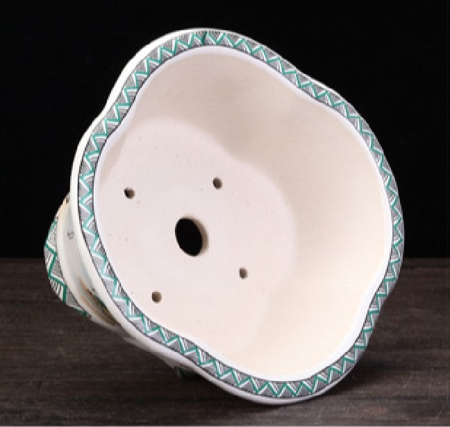 7 inch (18cm) Medium Lotus Shaped Unique Landscape Art Ceramic Shallow Bonsai Pot Inner View