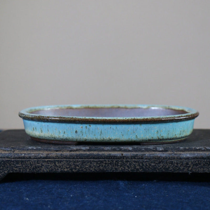 7 inch (18cm) Mid-Sized Oval Multi-Tone Glazed Extra-Shallow Bonsai Pot Blue Color