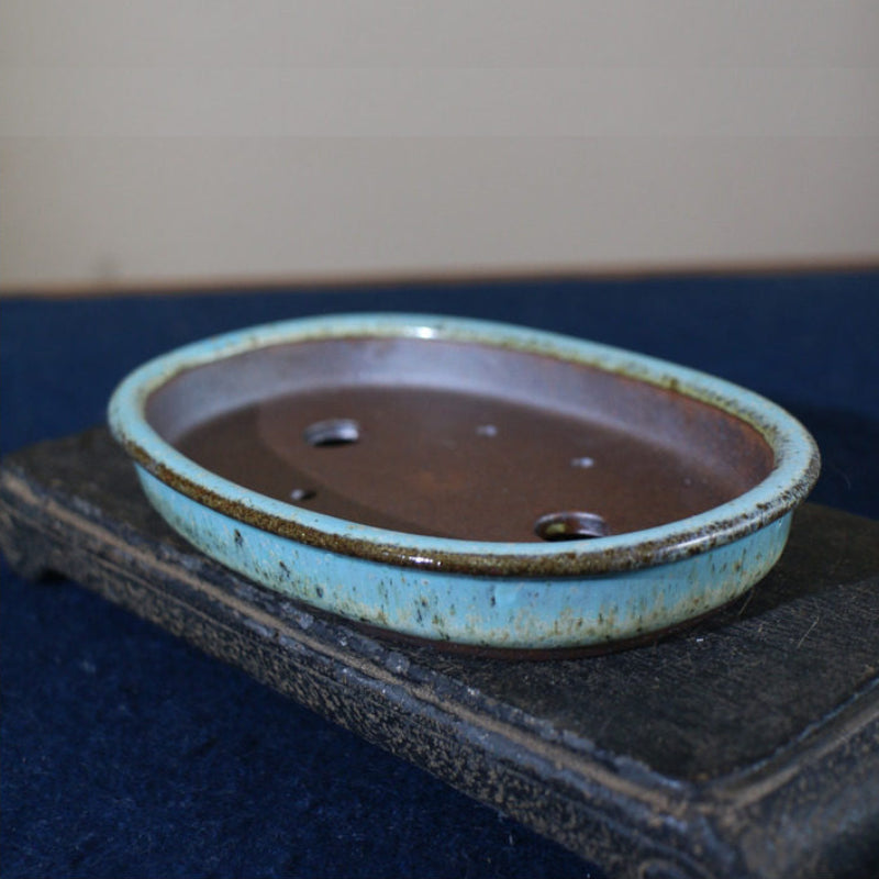 7 inch (18cm) Mid-Sized Oval Multi-Tone Glazed Extra-Shallow Bonsai Pot Blue Color Top View