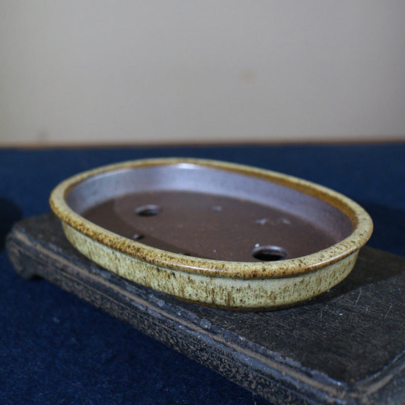 7 inch (18cm) Mid-Sized Oval Multi-Tone Glazed Extra-Shallow Bonsai Pot Yellow Color Top View
