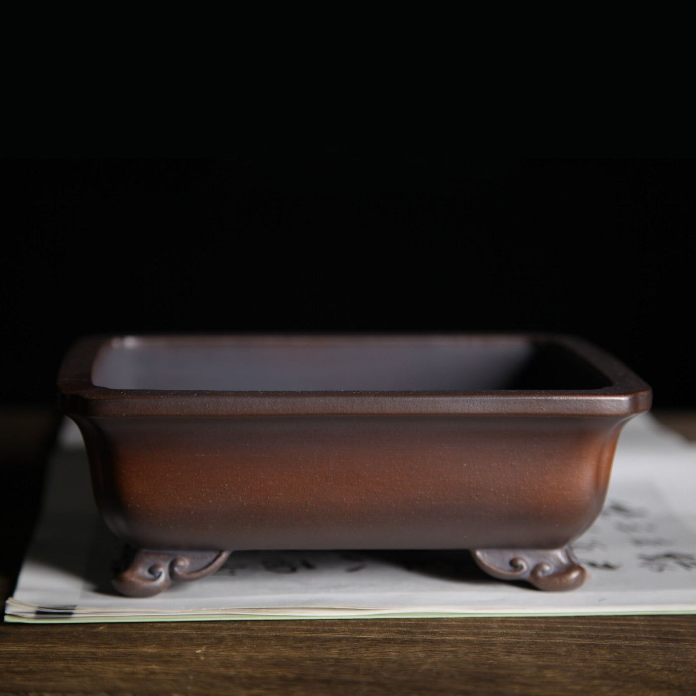 7 inch (18cm) Rectangle Indented Corner Gradient Finish Cloud Feet Unglazed Bonsai Pot