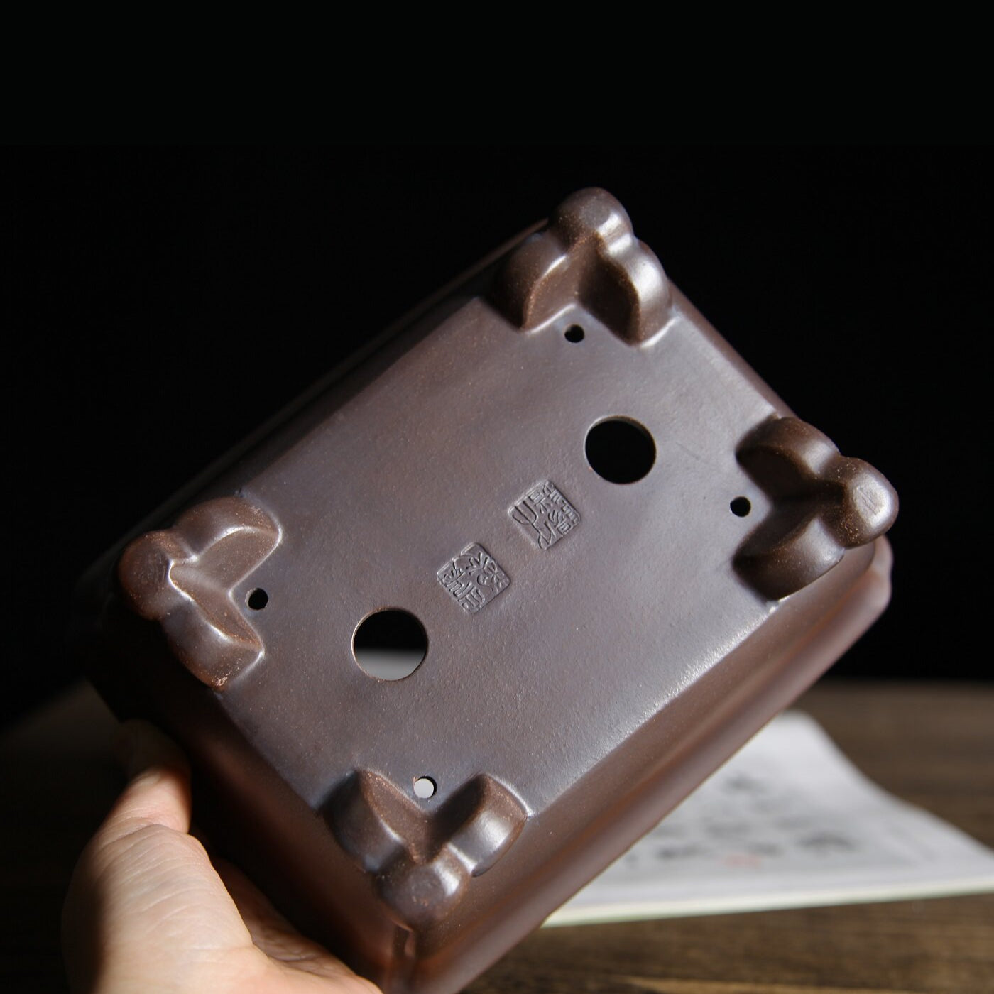 7 inch (18cm) Rectangle Indented Corner Gradient Finish Cloud Feet Unglazed Bonsai Pot Bottom View