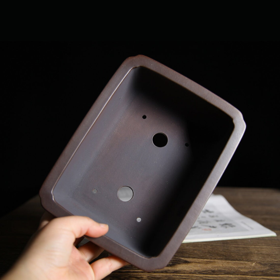 7 inch (18cm) Rectangle Indented Corner Gradient Finish Cloud Feet Unglazed Bonsai Pot Inner View