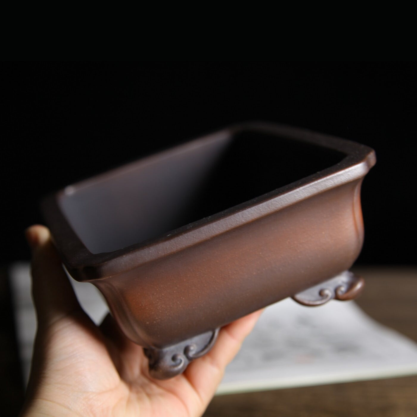 7 inch (18cm) Rectangle Indented Corner Gradient Finish Cloud Feet Unglazed Bonsai Pot Side View