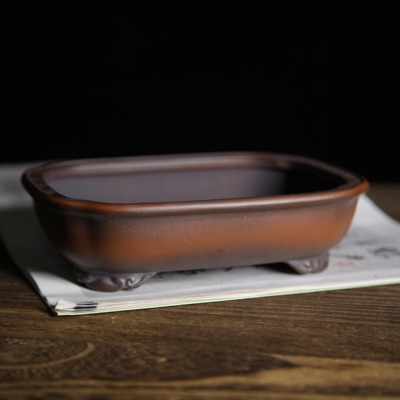 7 inch (18cm) Rectangular Indented Corner Gradient Finish Cloud Feet Unglazed Bonsai Pot