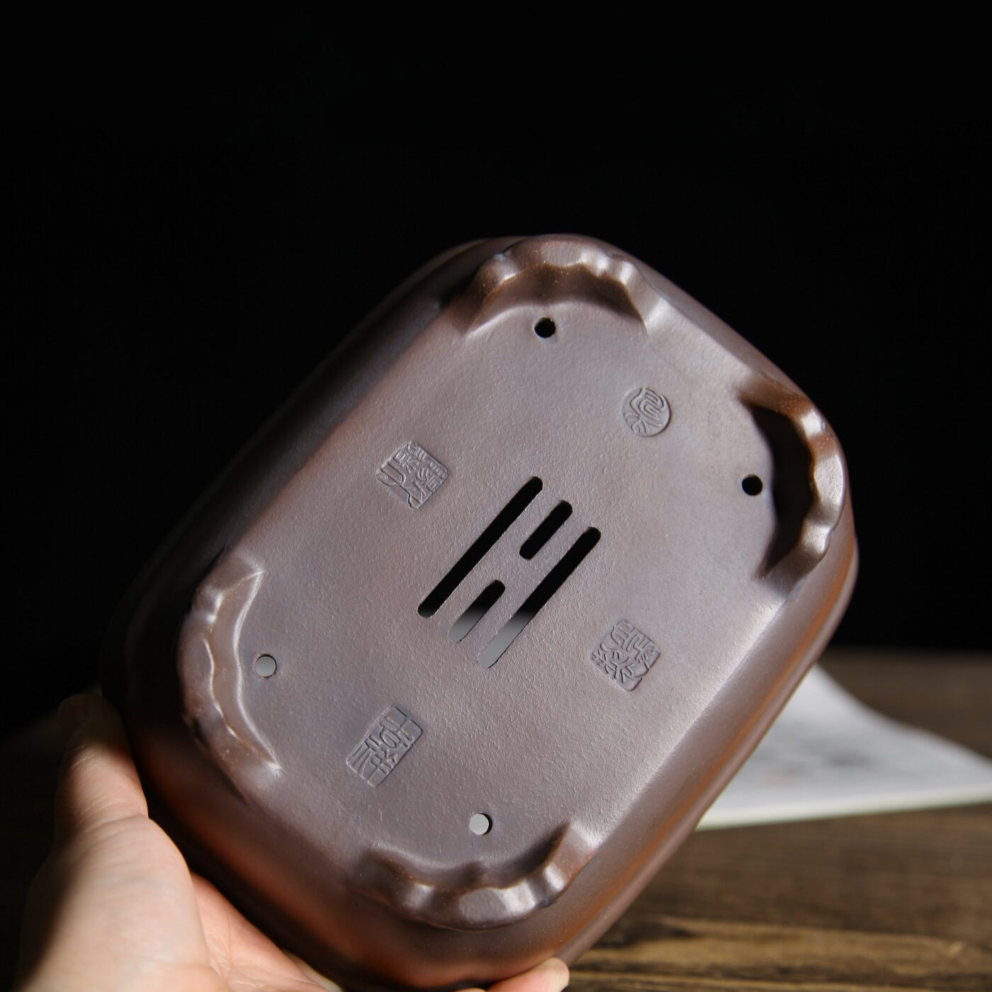 7 inch (18cm) Rectangular Indented Corner Gradient Finish Cloud Feet Unglazed Bonsai Pot Bottom View