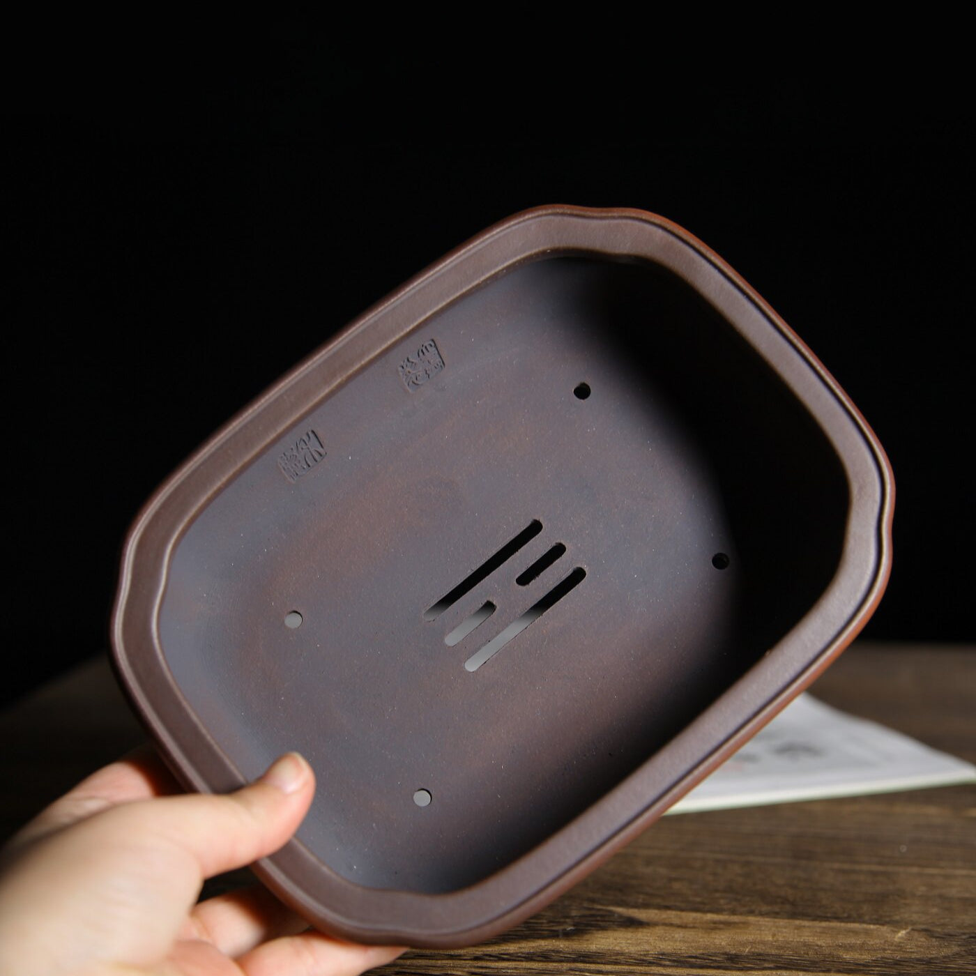 7 inch (18cm) Rectangular Indented Corner Gradient Finish Cloud Feet Unglazed Bonsai Pot Inner View