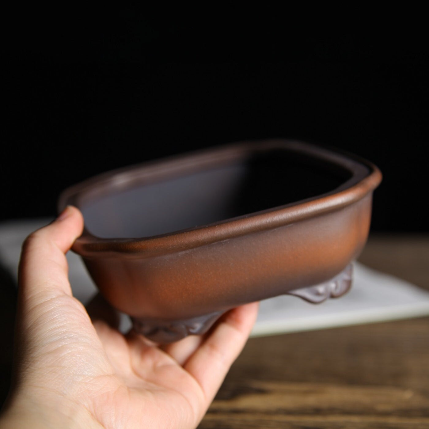 7 inch (18cm) Rectangular Indented Corner Gradient Finish Cloud Feet Unglazed Bonsai Pot Side View