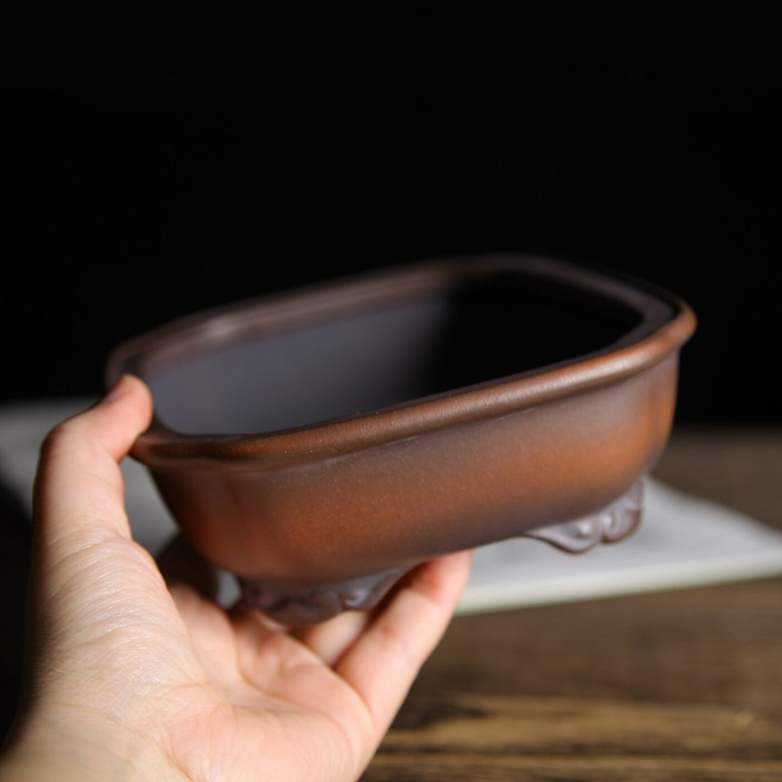 7 inch (18cm) Rectangular Indented Corner Gradient Finish Cloud Feet Unglazed Bonsai Pot Side View