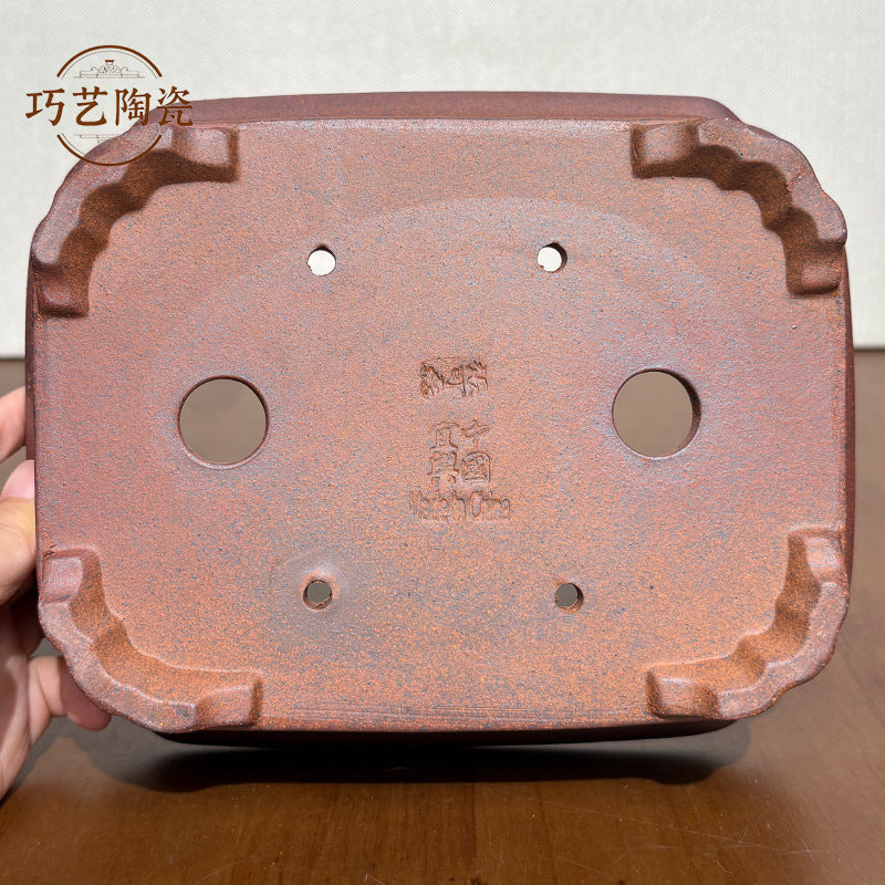 7 inch (18cm) Rectangular Unglazed Speckled Finish Bonsai Pot w Curved Corners Bottom View