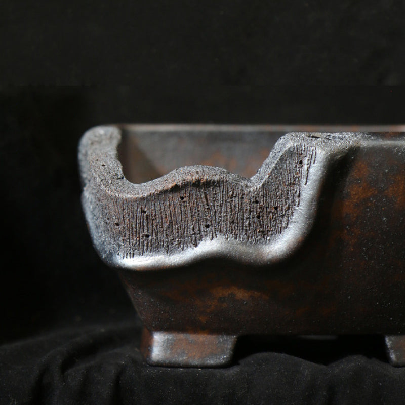 7 inch (18cm) Square Deep Bonsai Pot with Eroded Stone & Weathered Wood-Like Texture Close Shot