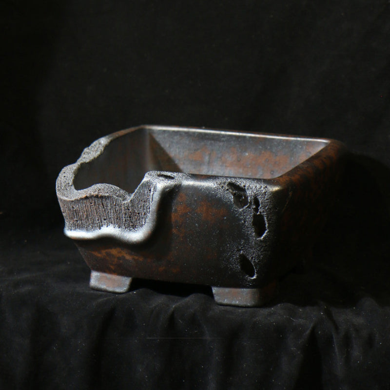 7 inch (18cm) Square Deep Bonsai Pot with Eroded Stone & Weathered Wood-Like Texture Corner View