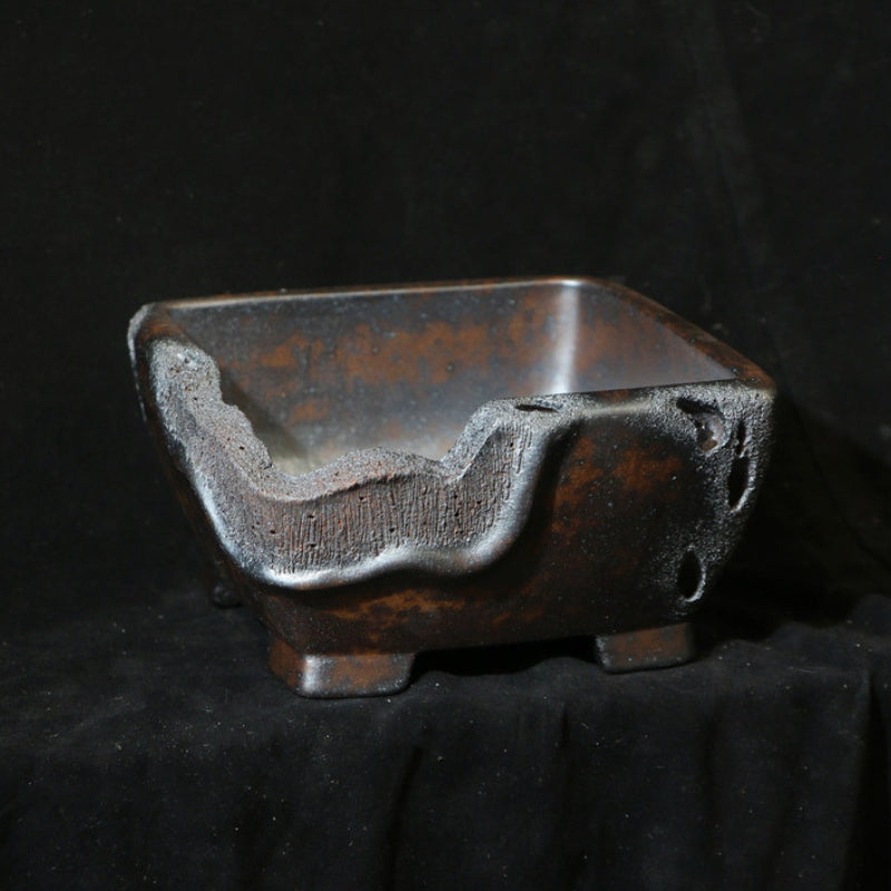 7 inch (18cm) Square Deep Bonsai Pot with Eroded Stone & Weathered Wood-Like Texture Corner View