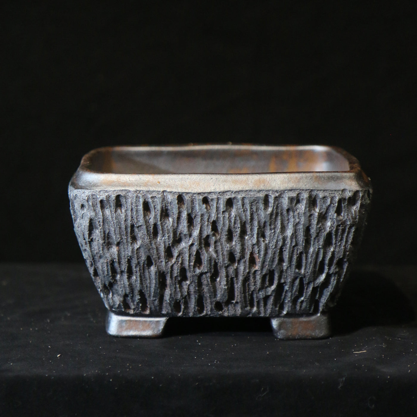 7 inch (18cm) Square Wood-Fired Eroded Stone-Like Textured Unique Deep Bonsai Pot