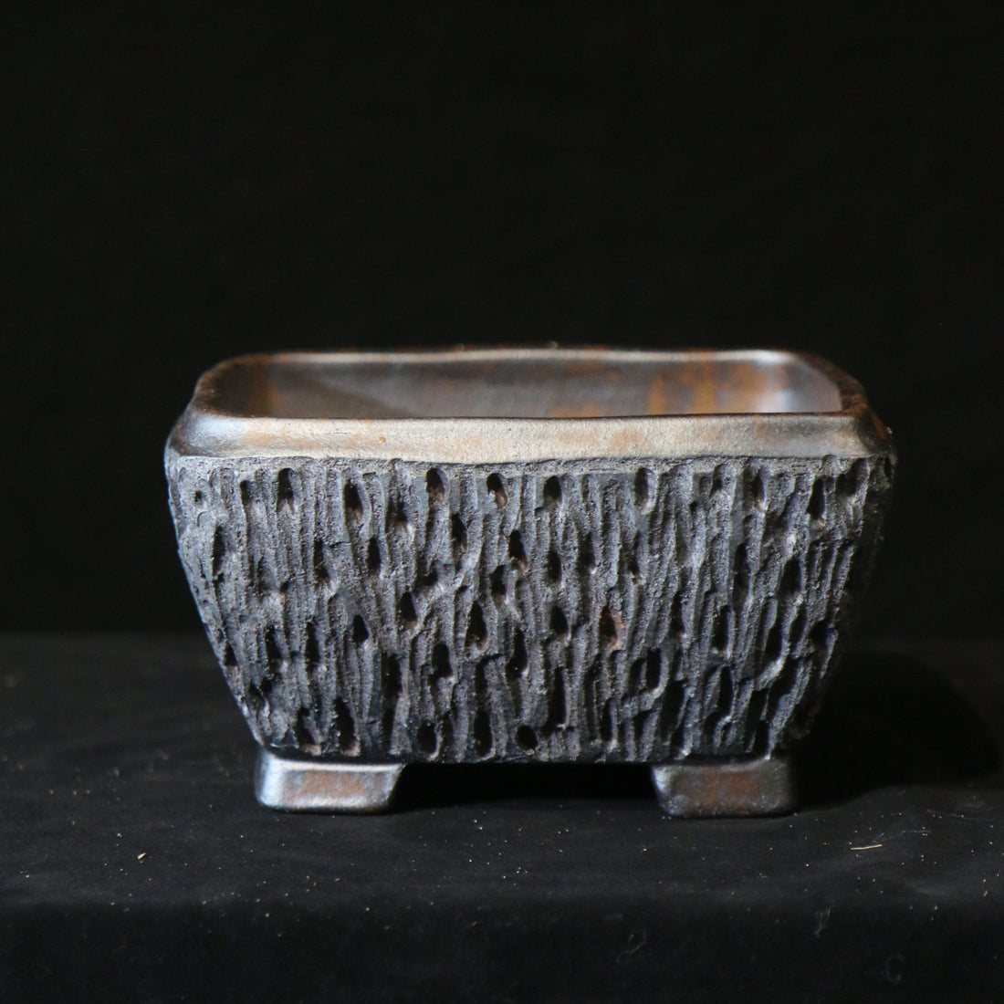7 inch (18cm) Square Wood-Fired Eroded Stone-Like Textured Unique Deep Bonsai Pot