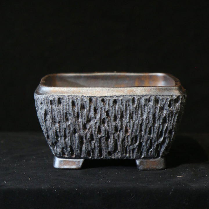 7 inch (18cm) Square Wood-Fired Eroded Stone-Like Textured Unique Deep Bonsai Pot