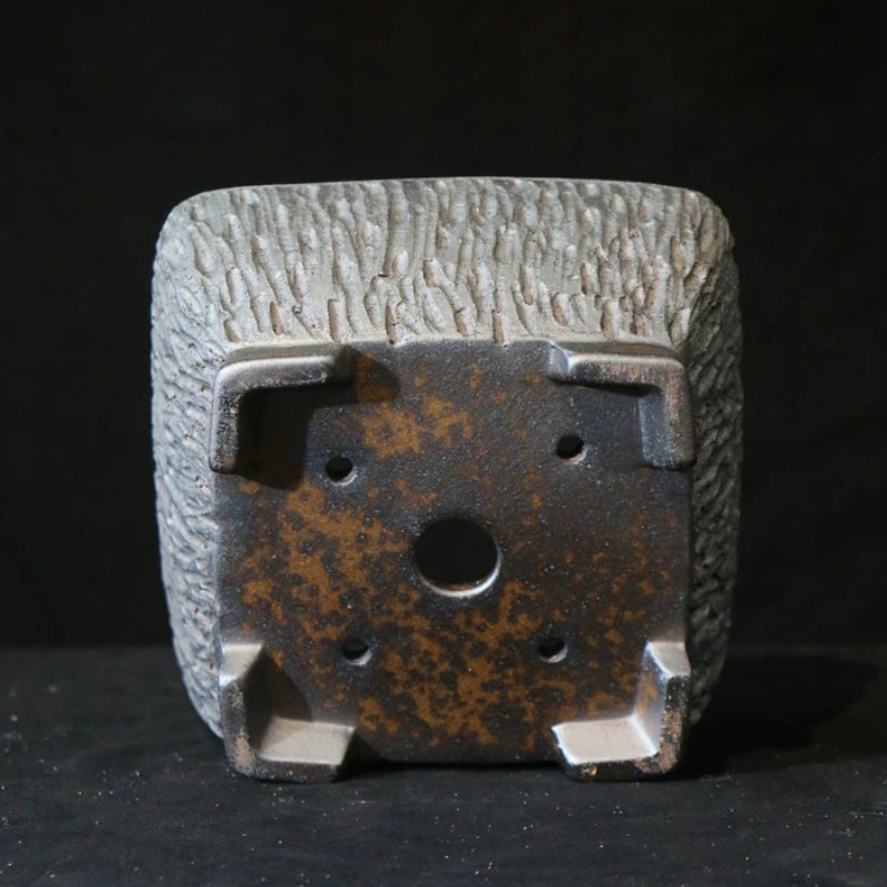 7 inch (18cm) Square Wood-Fired Eroded Stone-Like Textured Unique Deep Bonsai Pot Bottom View