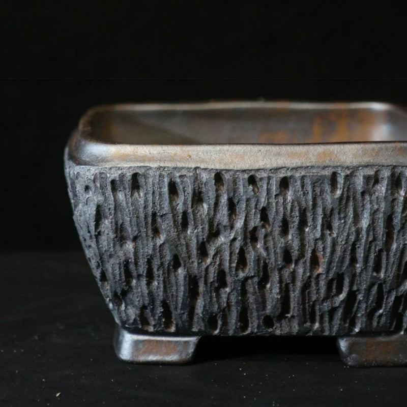 7 inch (18cm) Square Wood-Fired Eroded Stone-Like Textured Unique Deep Bonsai Pot Close Shot